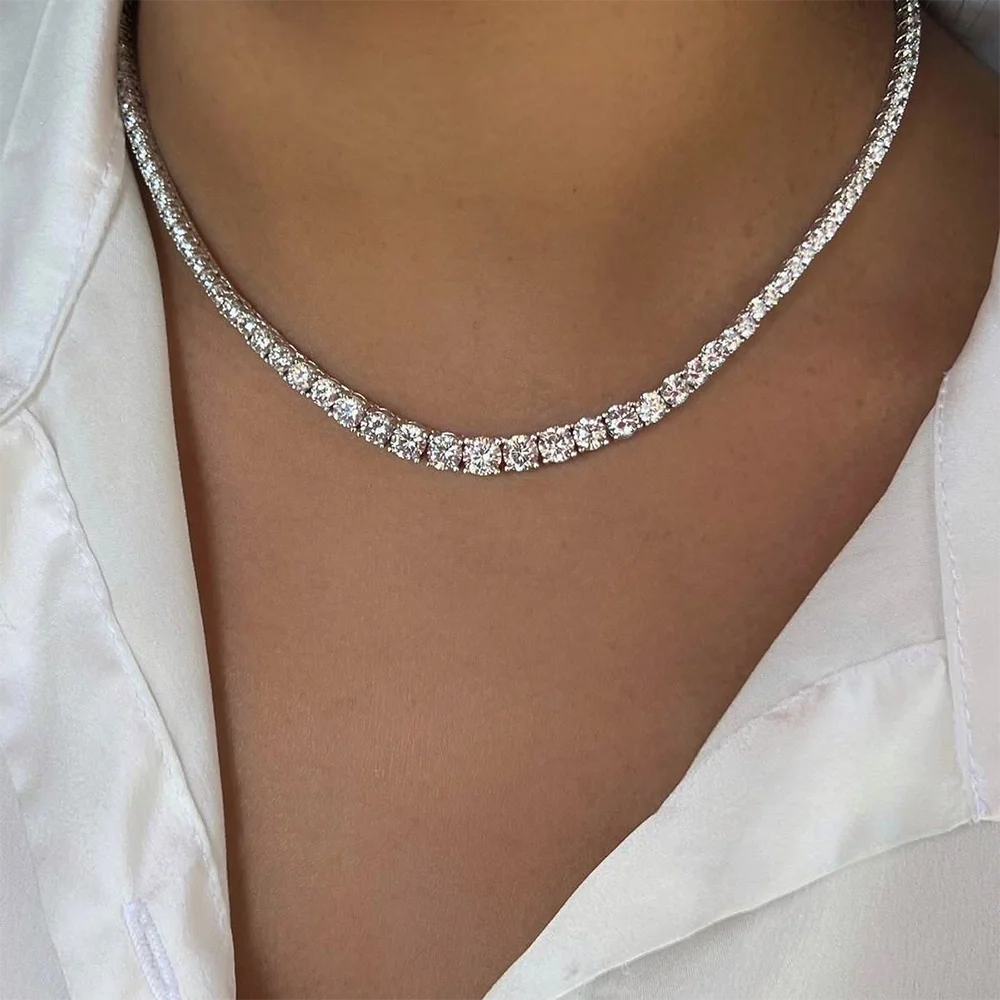 Full Moissanite Tennis Necklace with Certificate 3-5mm Size Gradient Diamond Necklaces for Women 925 Sterling Silver Neck Chain